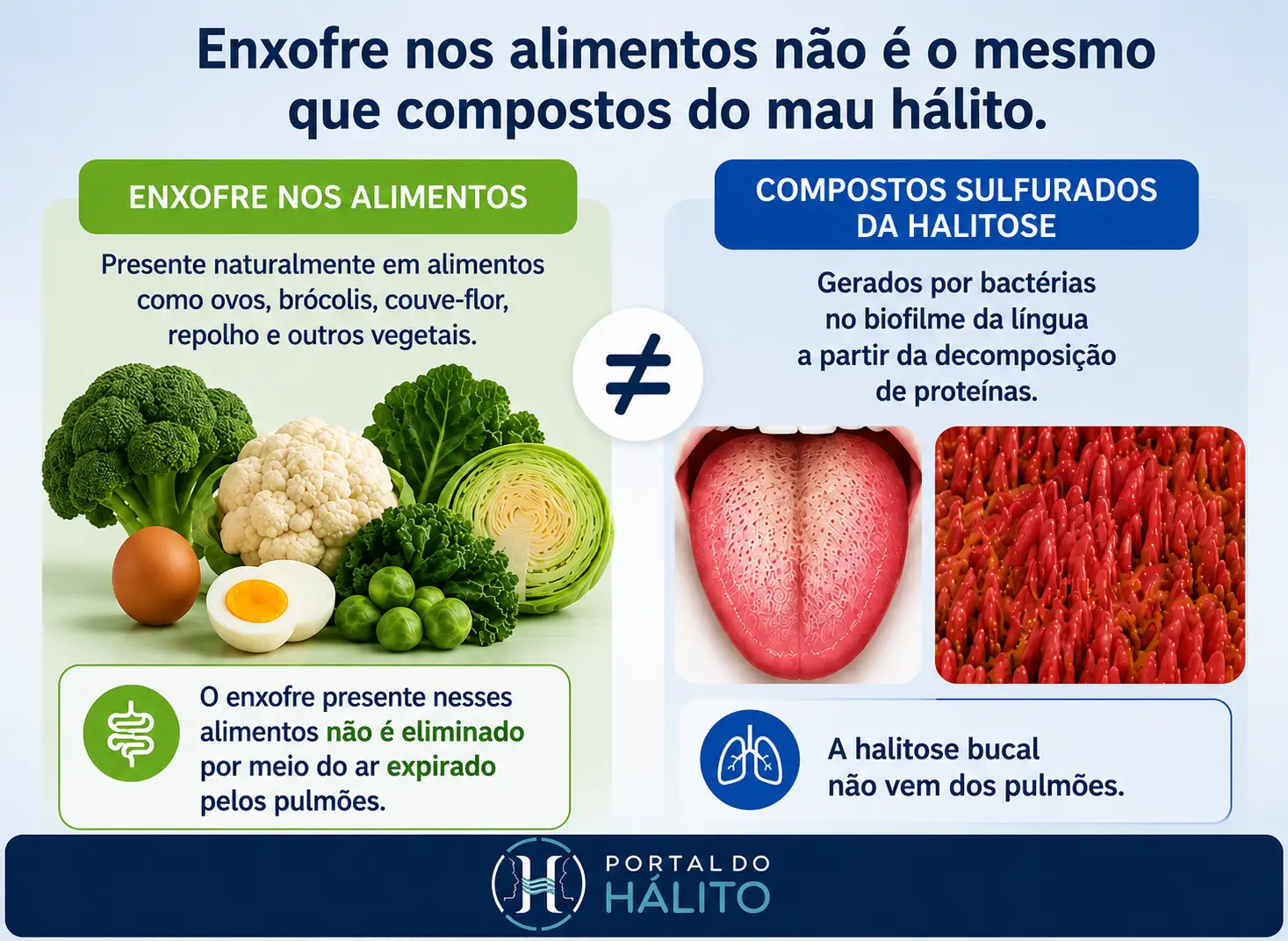 Infográfico diferenciando alimentos com alto teor de enxofre dos compostos sulfurados da halitose bucal e informando que, na experiência clínica Halitus, o enxofre desses alimentos não é eliminado pelo ar expirado pelos pulmões.