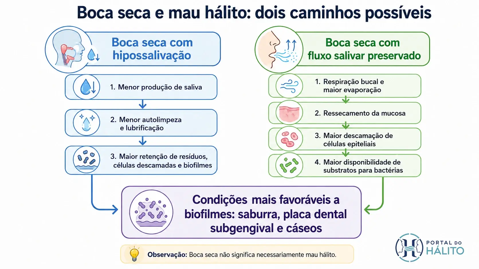 Diagrama mostrando dois caminhos pelos quais a boca seca pode favorecer o mau hálito: hipossalivação e ressecamento por respiração bucal.
