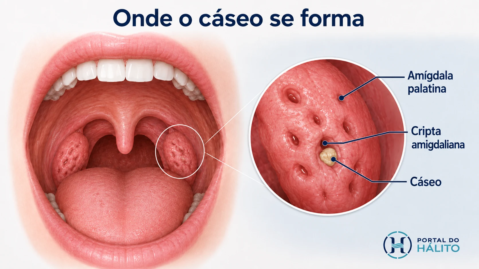 Ilustração mostrando a amígdala palatina, uma cripta amigdaliana e um cáseo formado dentro da cripta.