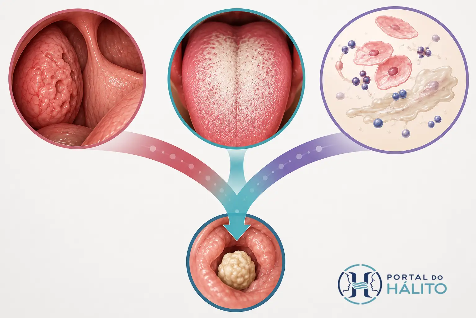 Infográfico mostrando criptas amigdalianas, língua com biofilme e material proteico convergindo para um ambiente favorável à formação de cáseo.