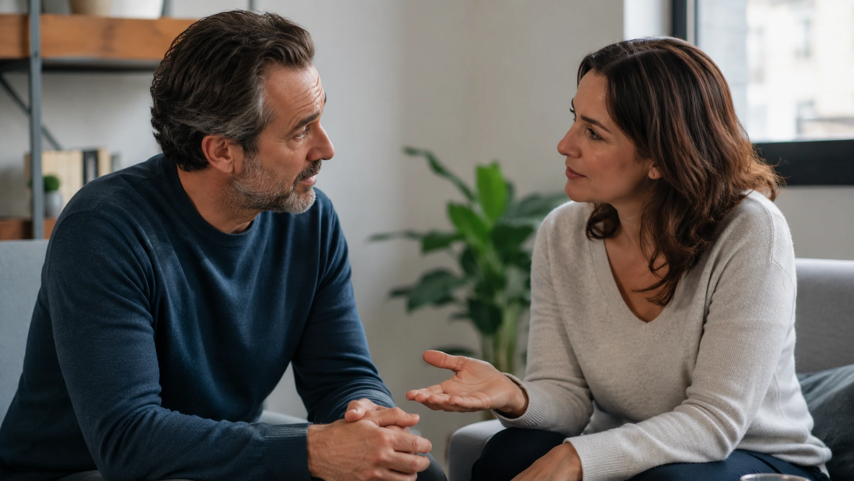 Homem e mulher conversando em particular, sentados frente a frente, em uma situação tranquila.
