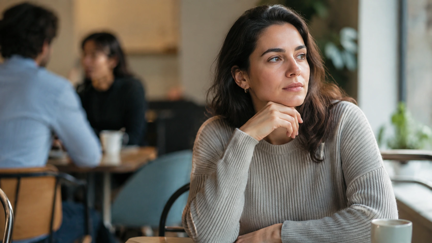 Pessoa adulta refletindo após uma conversa em situação cotidiana.