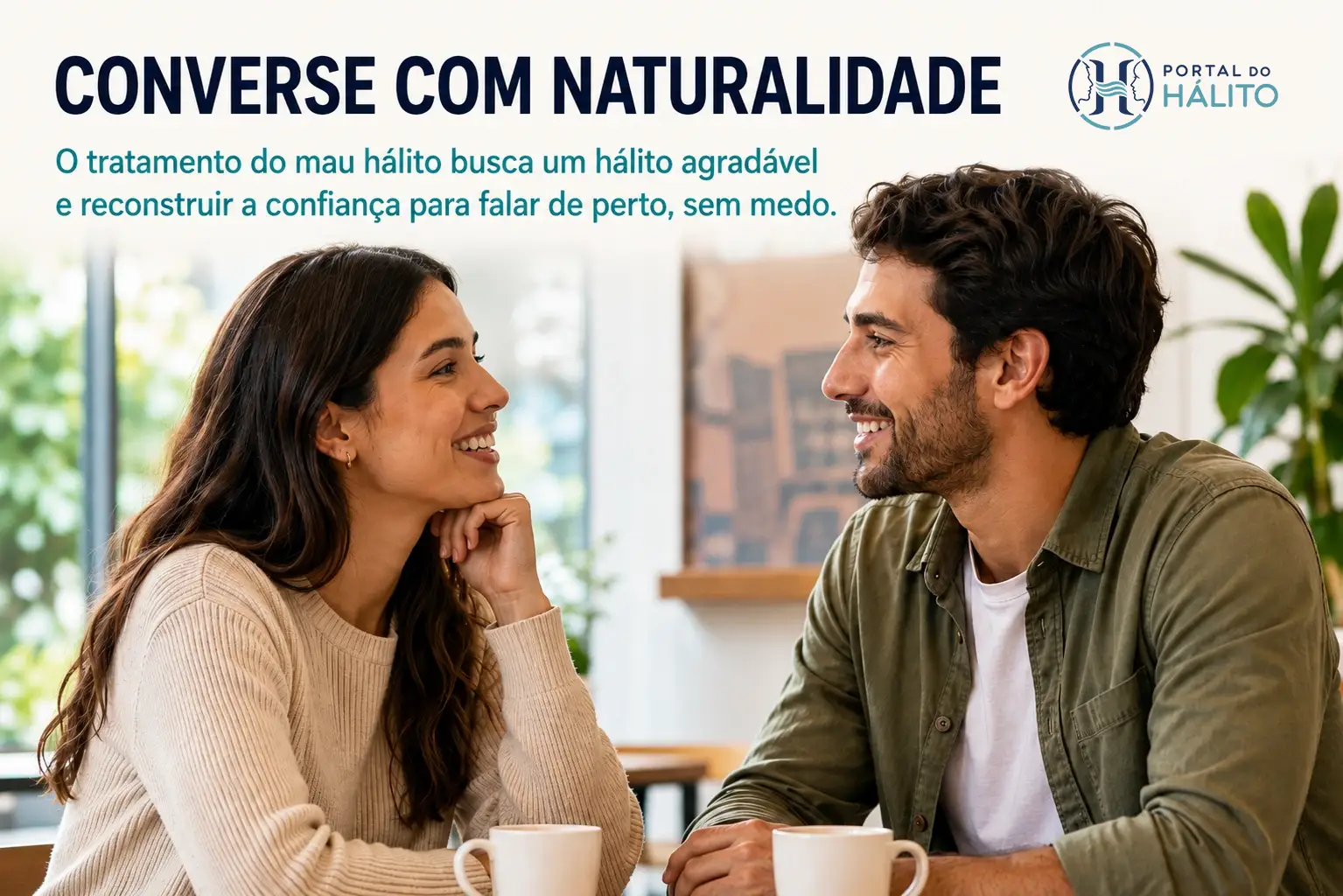 Homem e mulher conversando de perto com expressão tranquila e natural.