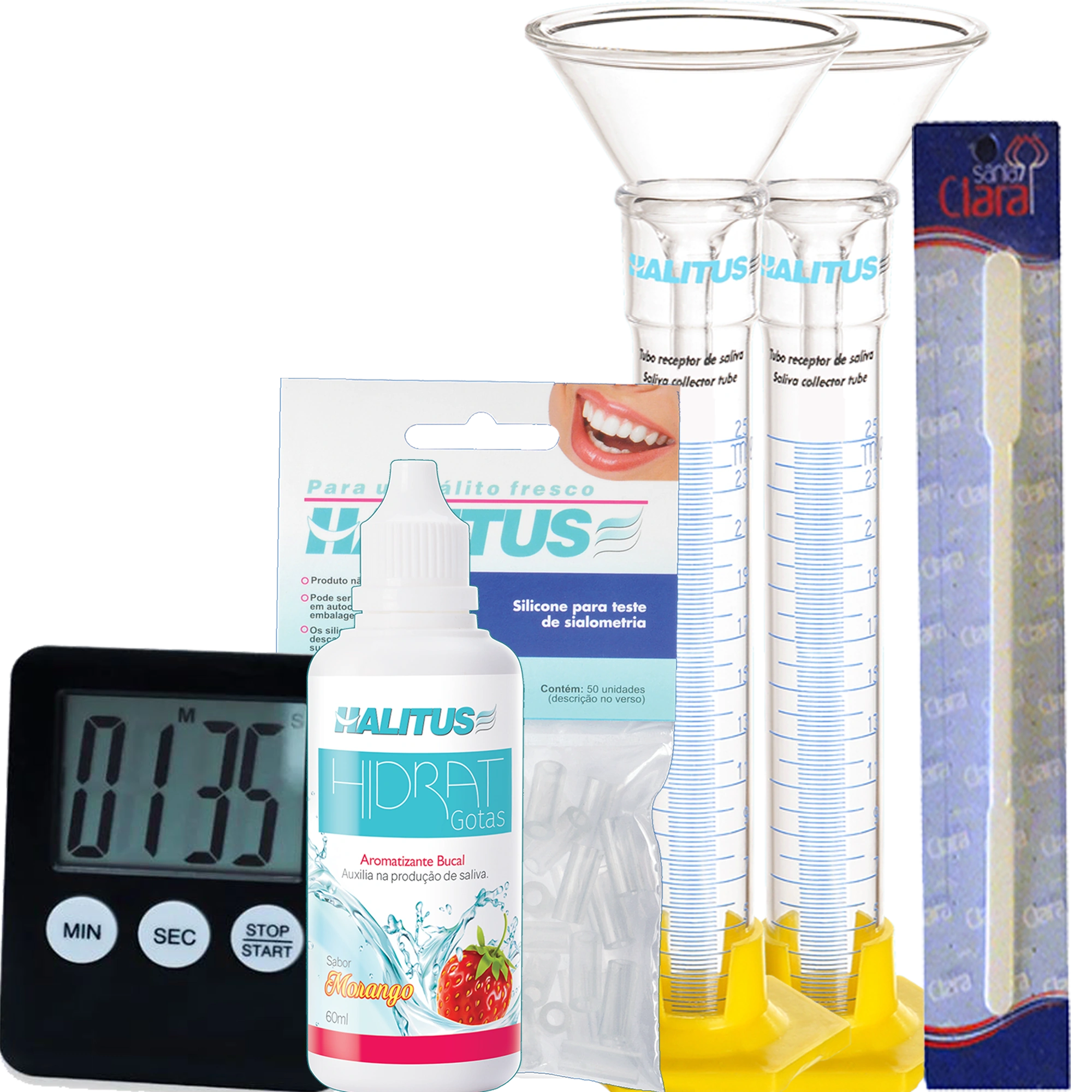 Kit de Sialometria Halitus com tubos graduados, funis, cronômetro, silicone e Halitus Hidrat Gotas.