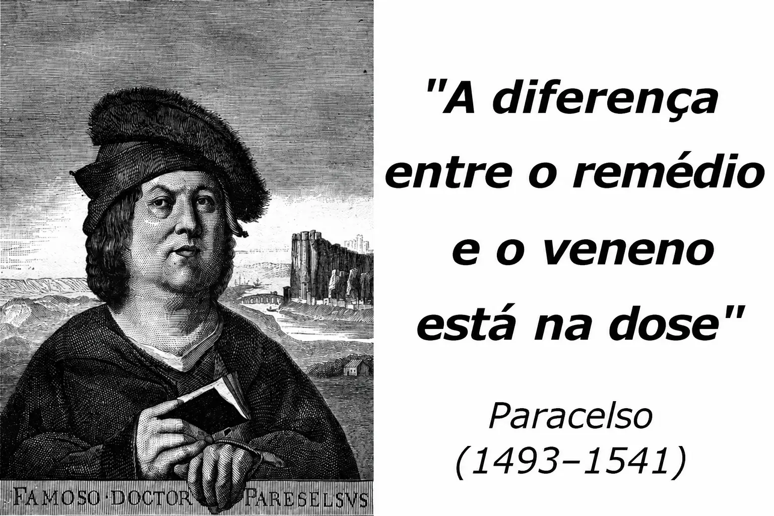 Retrato de Paracelso com a frase ‘A diferença entre o remédio e o veneno está na dose’.