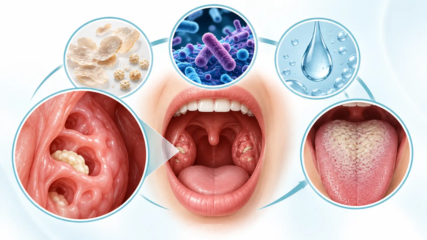 Infográfico mostrando fatores relacionados à formação e recorrência de cáseos amigdalianos, como material orgânico, atividade microbiana, língua e saburra, saliva, descamação da mucosa e muco na garganta.