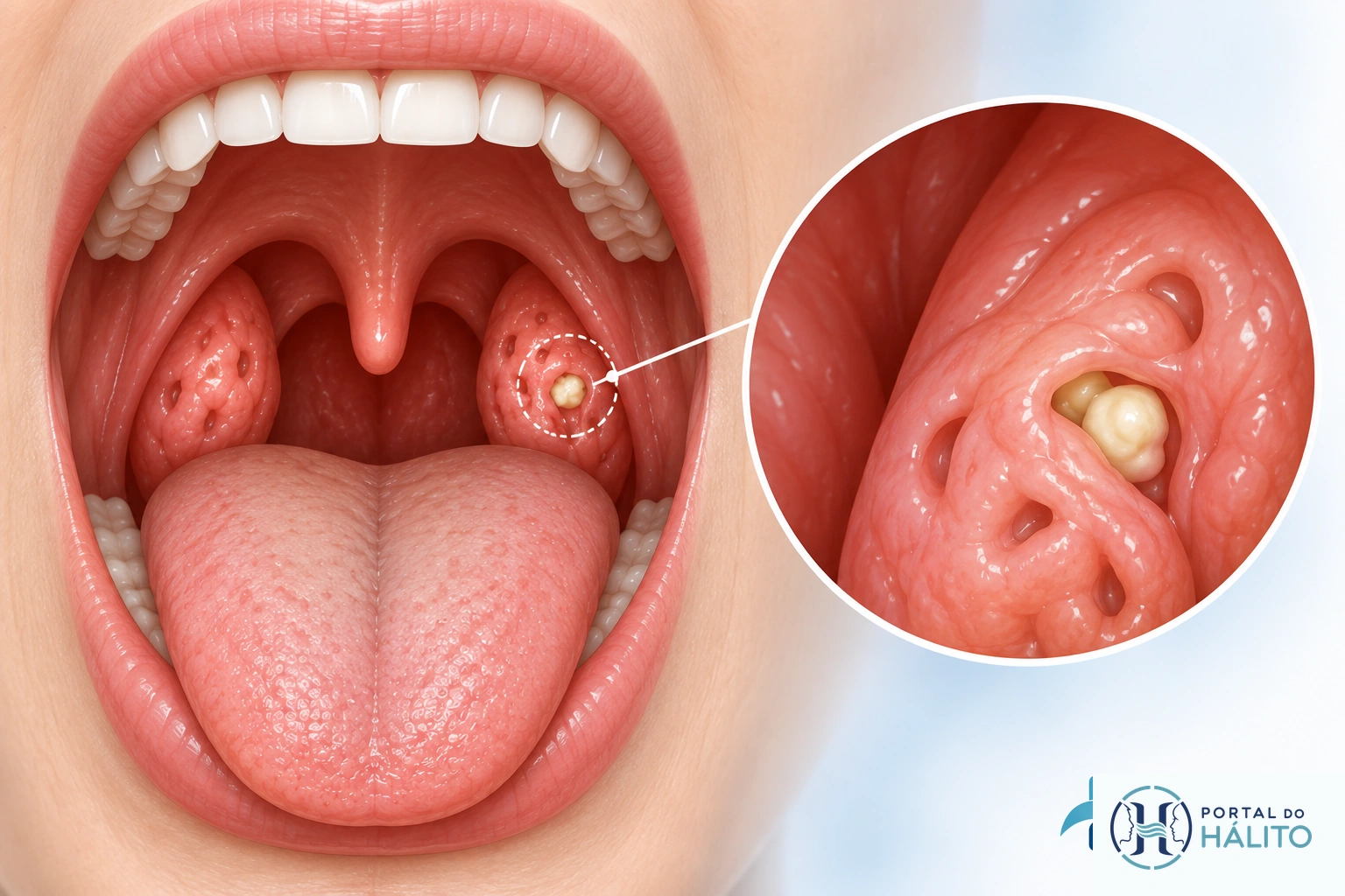 Infográfico mostrando amígdalas palatinas, criptas amigdalianas e a localização de um cáseo retido em uma cripta.