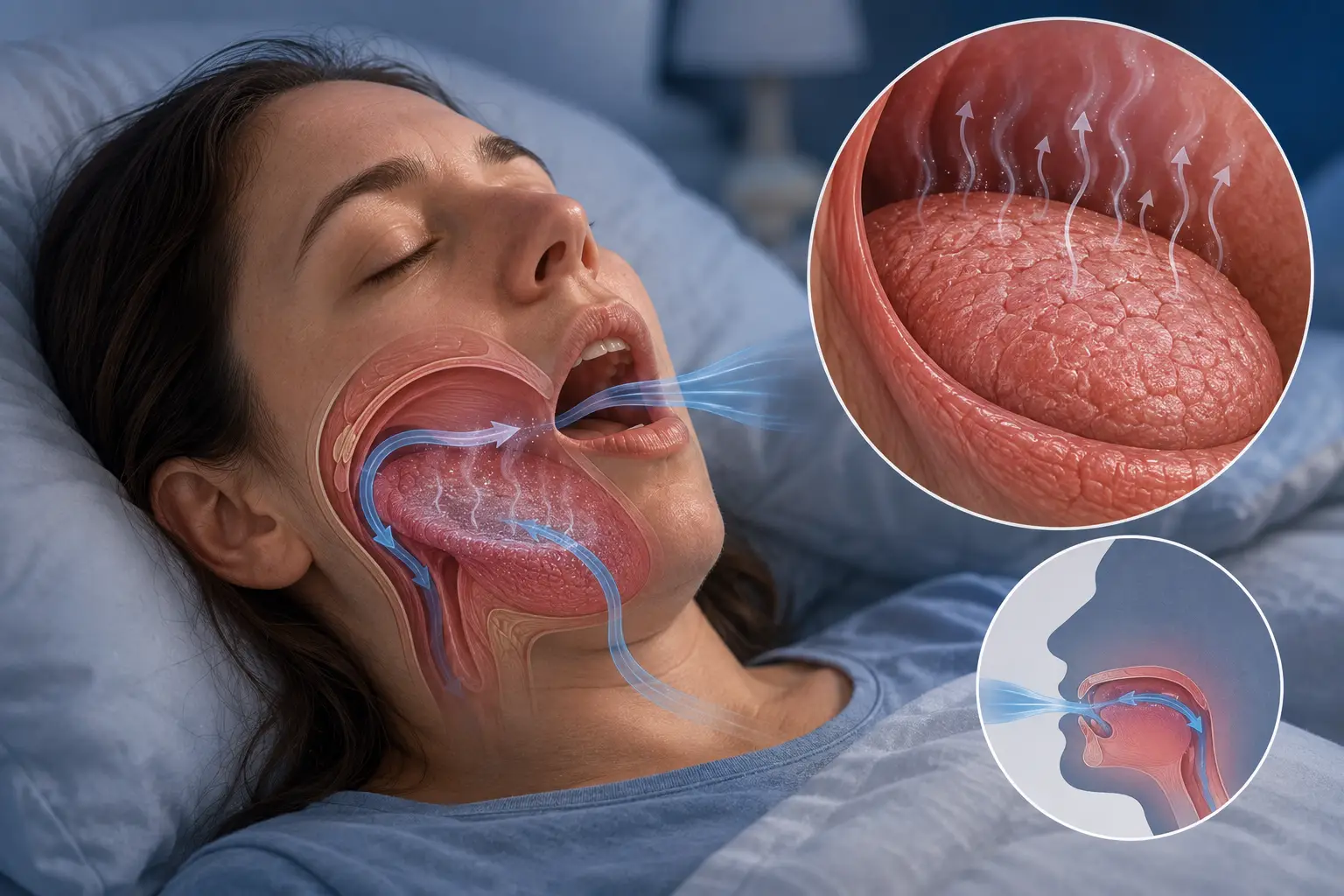 Pessoa dormindo com a boca aberta, com representação do fluxo de ar e do ressecamento da língua durante a respiração bucal.